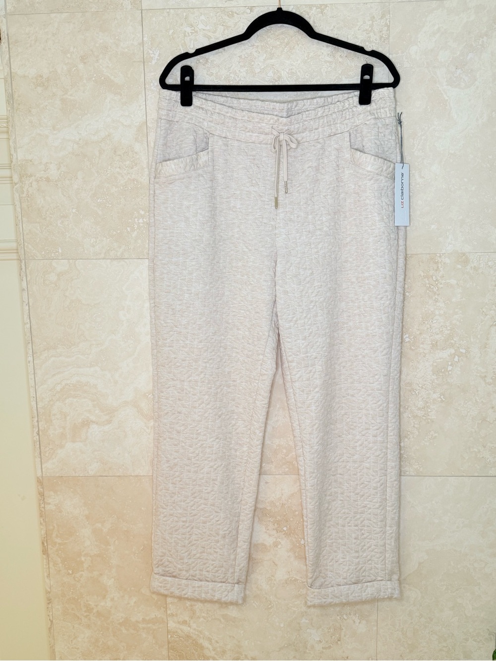 Liz Claiborne Cream Drawstring Quilted Pants Cuffed Hem Size L NWT - Minor Flaw